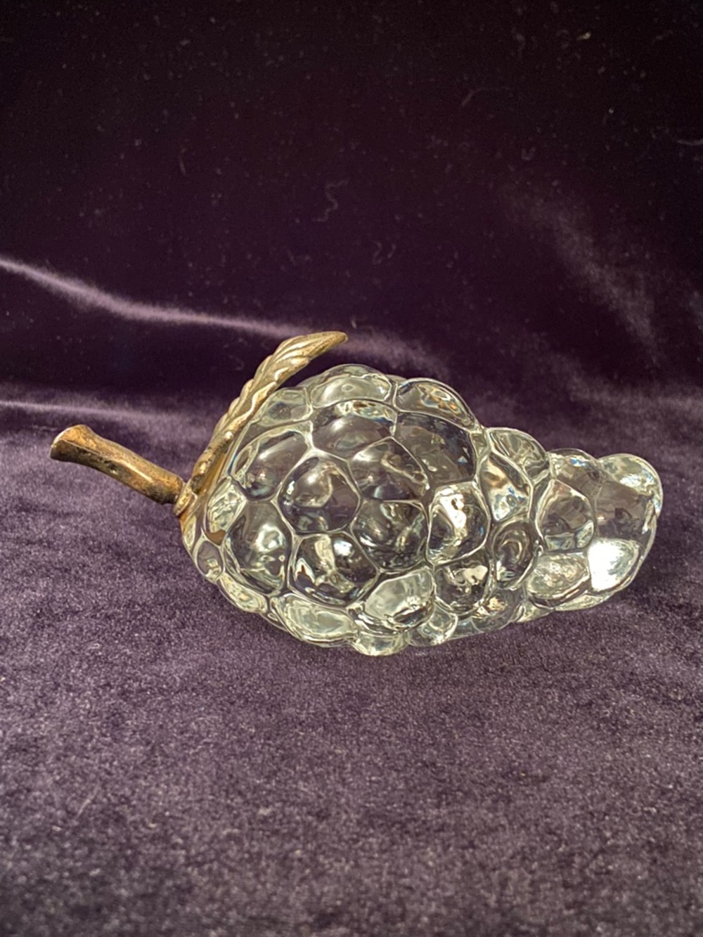 Vintage WAA Clear Glass Grapes Bunch Paperweight Brass Leaf & Stem